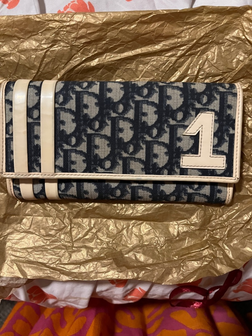 Vintage Dior Navy Monogram Canvas Wallet with Cream Trim and '1' Appliqué